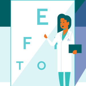 Illustration of a female optometrist in front of an eye chart