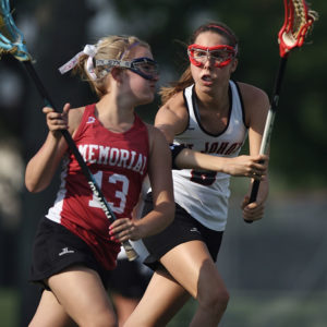 Two young girls playing lacrosse